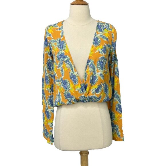 For Love & Lemons Faux Wrap Blouse Rayon V-Neck Long Slv Tropical Birds Size XS - Picture 8 of 8